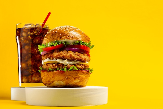 Delicious hamburger with cola on a yellow background