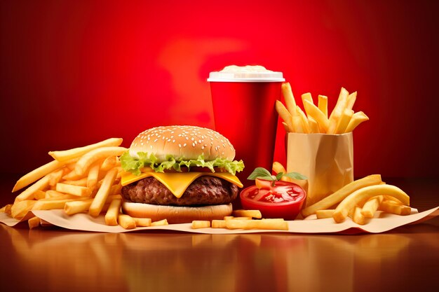 Delicious hamburger with fries and drinks generative ai