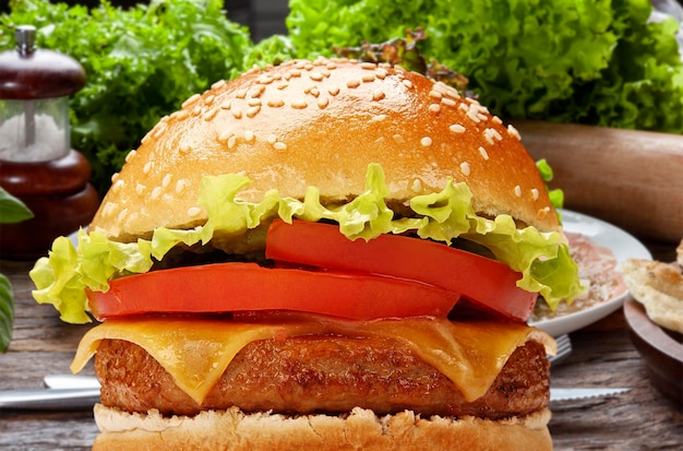 Вкусный гамбургер с мясной булочкой и овощами