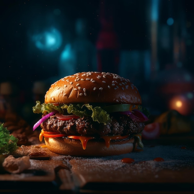 Delicious hamburger on wooden table