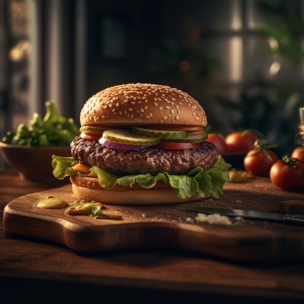 Delicious hamburger on wooden table