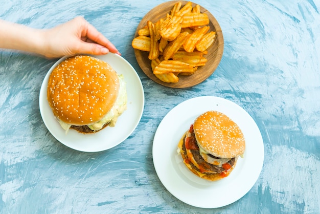 Delicious hamburgers top view