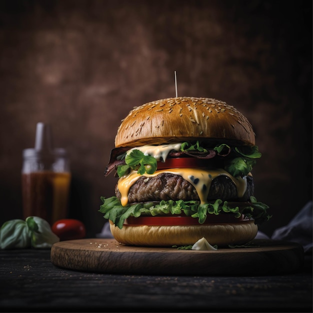 Delicious hamburguer on dark background for post, professional photo of a hamburguer