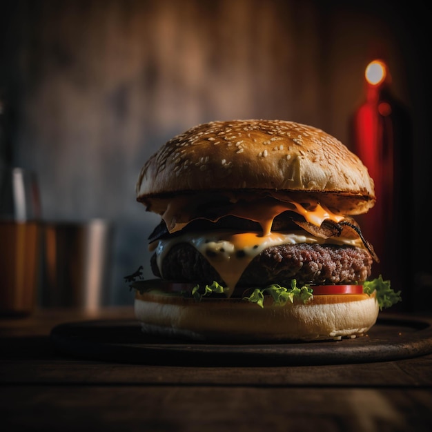 Delicious hamburguer on dark background for post, professional photo of a hamburguer