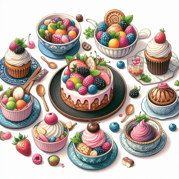 Вкусный набор десертов, нарисованный вручную