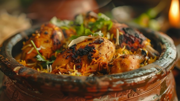 delicious handi chicken biryani closeup image