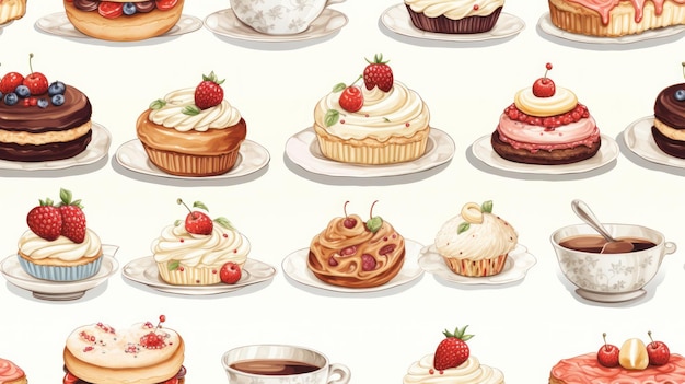 Delicious handpainted watercolor desserts and pastries seamless pattern ai generated