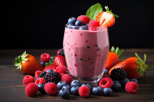 A delicious and healthy blend of fresh berries tart raspberries and aromatic mint leaves Fresh fruit smoothie with colorful berries AI Generated