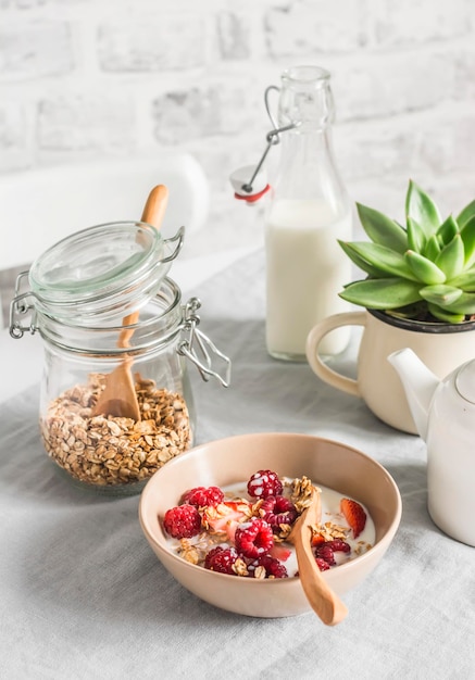 Delicious healthy breakfast granola with fresh berries and coconut milk on a light background