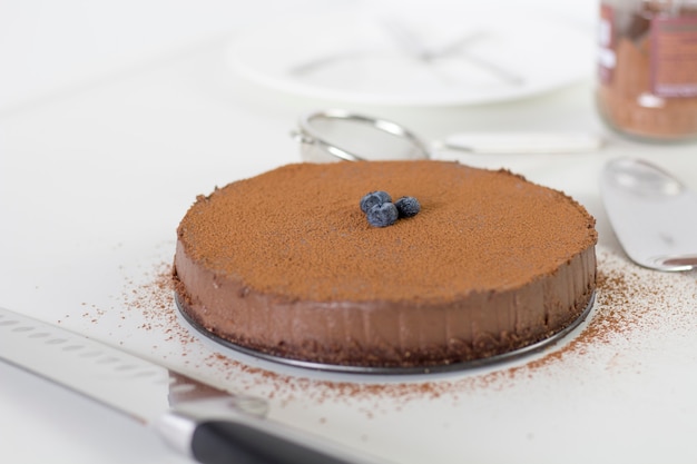 Deliziosa torta al cioccolato sana su sfondo bianco