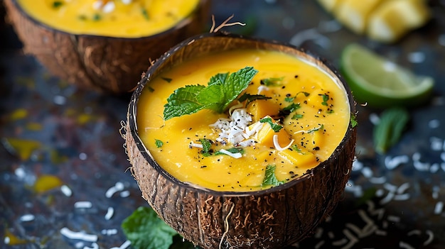 A delicious and healthy coconut mango soup served in a coconut shell The soup is made with fresh mangoes coconut milk and spices