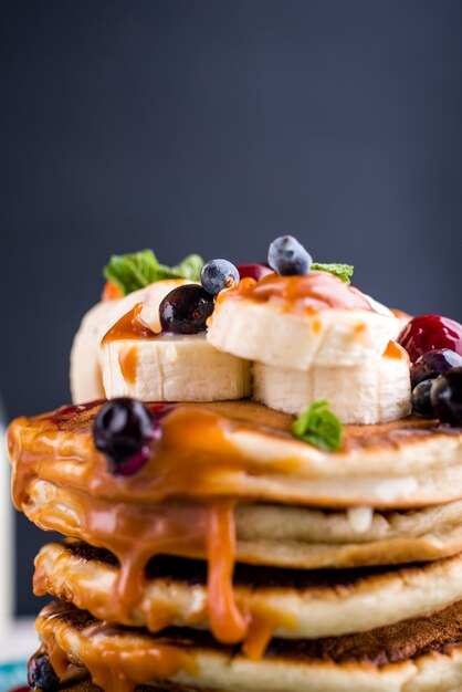 Delicious, healthy, hearty breakfast on the white table. 