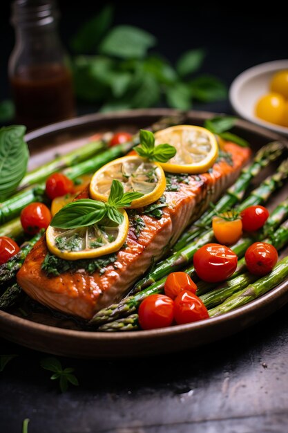 Foto un pasto delizioso e salutare di salmone alla griglia, asparagi e pomodori