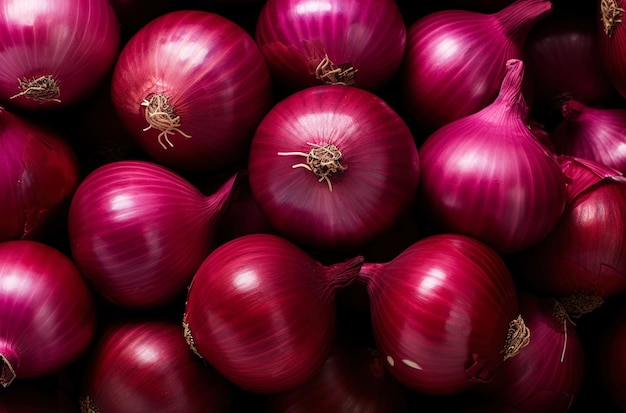 Delicious and healthy red onions lying on top of each other in a group