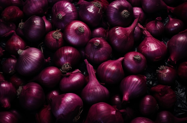 Delicious and healthy red onions lying on top of each other in a group