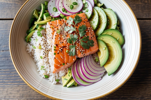 Foto poke bowl di tonno salmone delizioso e salutare