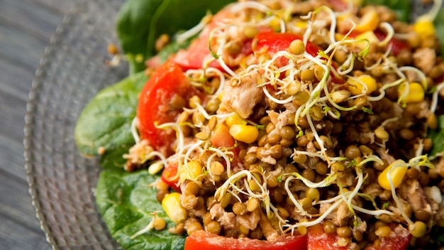 Delicious and healthy summer salad with lentils and vegetables