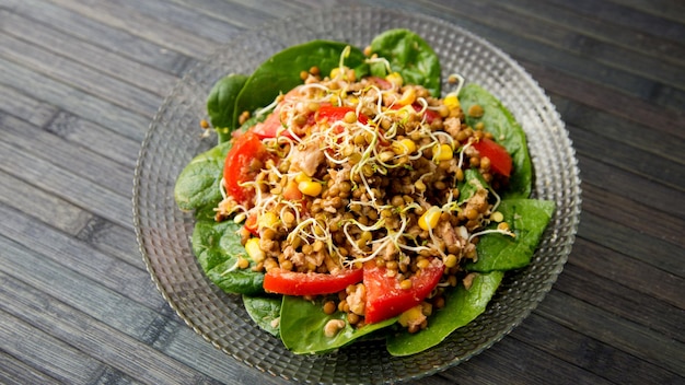 Delicious and healthy summer salad with lentils and vegetables