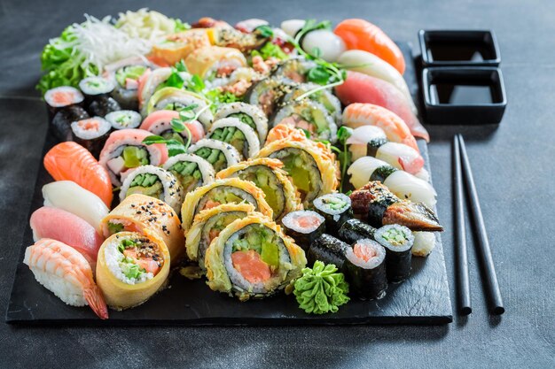 Delicious and healthy sushi set made of rice and vegetables