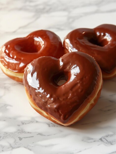 Delicious heart shaped donuts with chocolate glaze on table closeup