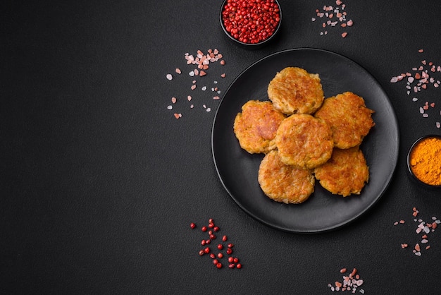 Delicious hearty vegetarian or vegan dish in the form of cutlets or patties consisting of potatoes carrots onions and beans on a dark concrete background