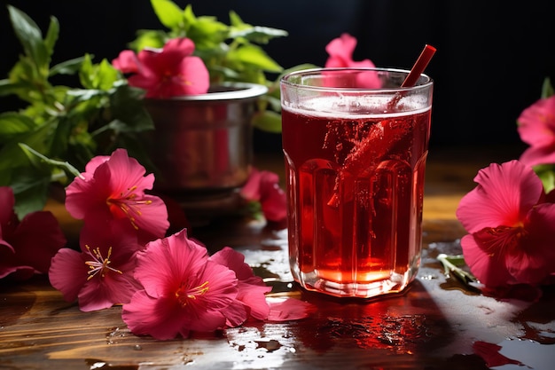 delicious hibiscus iced tea on table green tea leaves