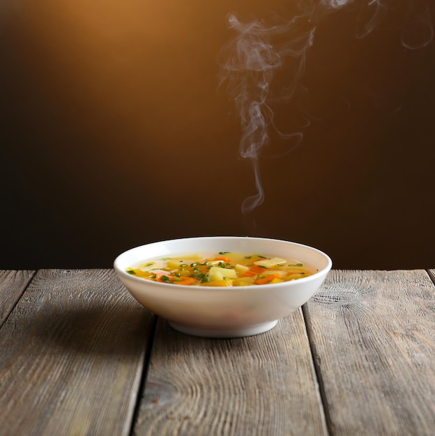 Delicious home cooked food with steam on table on brown background