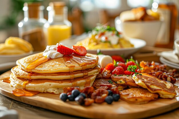 Photo delicious homemade breakfast pancakes with fresh berries honey drizzle on wooden board cozy