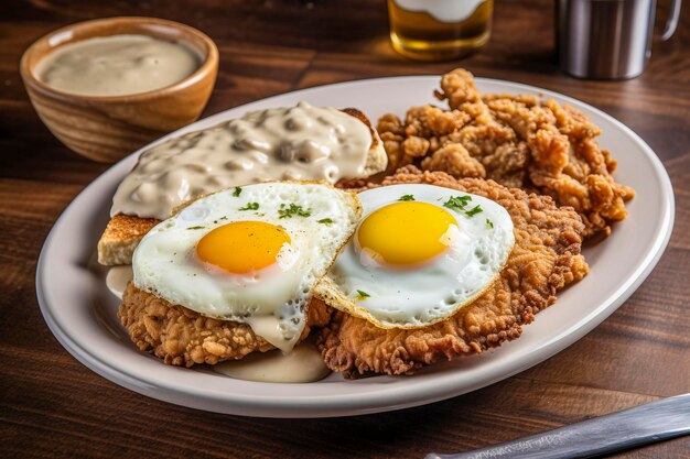 Delicious homemade breakfast plate with fried eggs and crispy bacon ideal for a family meal created with Generative AI technology