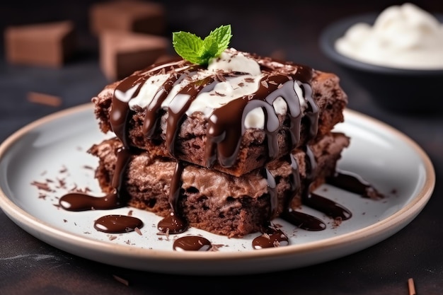 Delicious homemade brownie cake on a white plate