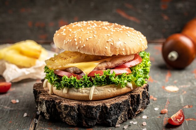 牛肉、チーズ、野菜の美味しい自家製ハンバーガー。脂肪質の不健康な食品。テキストの場所