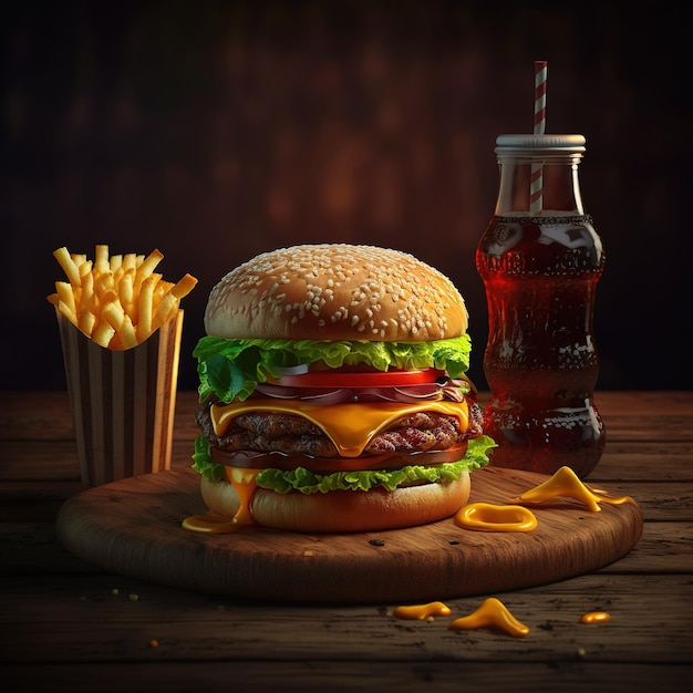 Delicious homemade burgers of beef, cheese and vegetables on an old wooden table, close up.