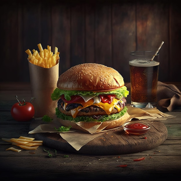 delicious homemade burgers of beef cheese and vegetables on an old wooden table