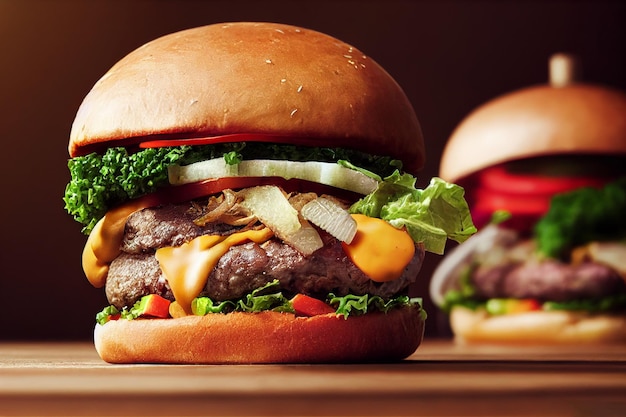 Delicious homemade burgers of beef cheese and vegetables