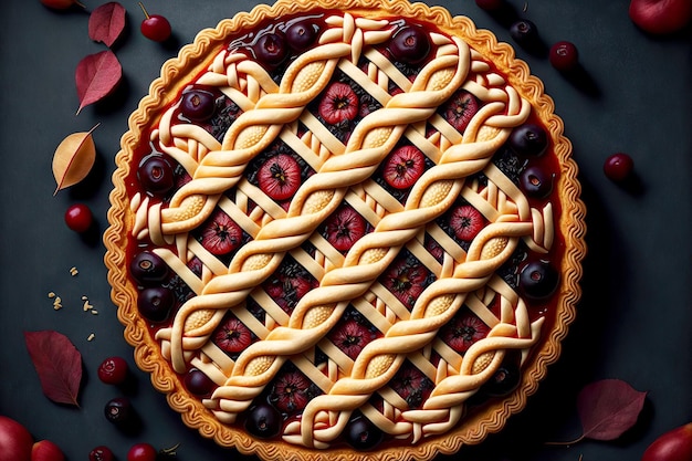 Delicious homemade cherry pie with braided dough decoration