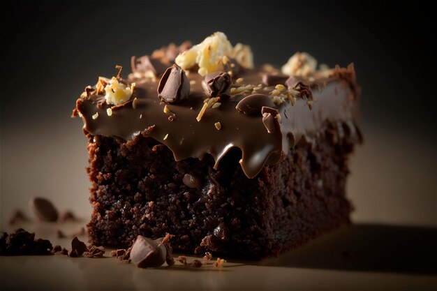 Delicious homemade chocolate brownie isolated on dark background AI generated Selective focus