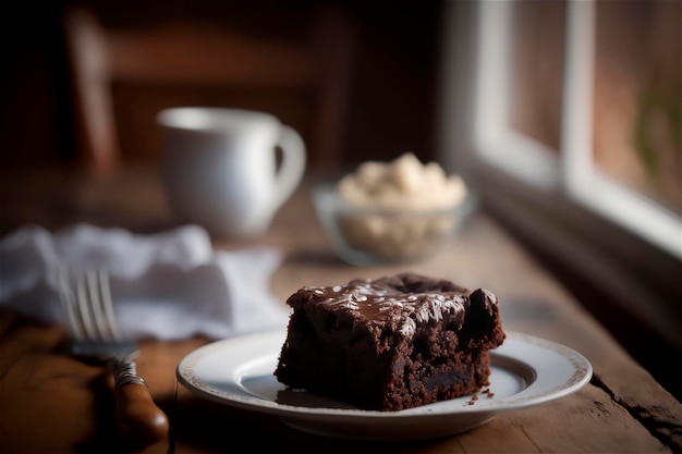 Delicious homemade chocolate brownie in white ceramic plate on rustic wooden table AI generated Selective focus