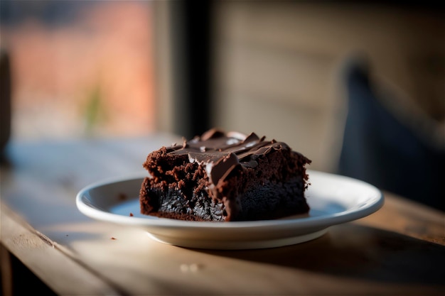Delicious homemade chocolate brownie in white ceramic plate on rustic wooden table AI generated Selective focus