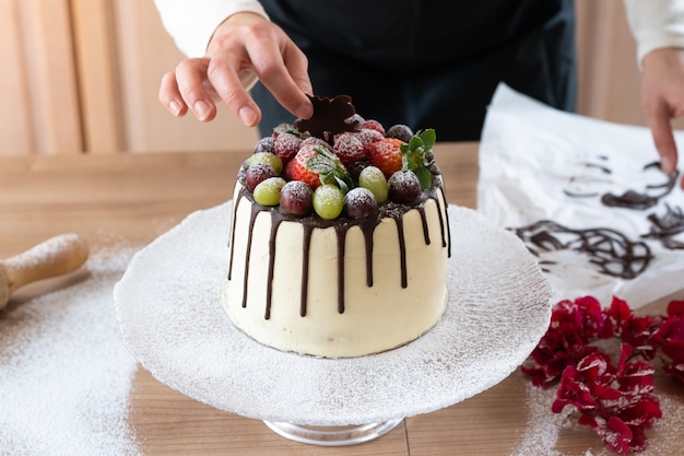 Delicious homemade chocolate cake with fruits