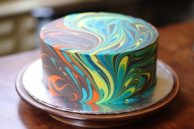 Delicious homemade chocolate marble birthday cake decorated with colorful stripes