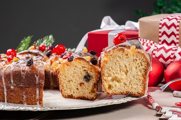 Delicious homemade Christmas bread with fruits and nuts.