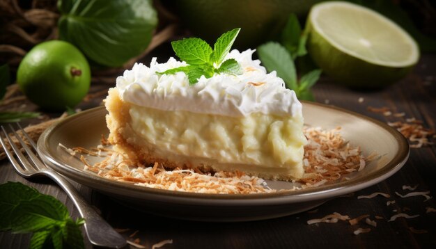 Delicious homemade coconut cream pie with whipped cream topping on a rustic wood background