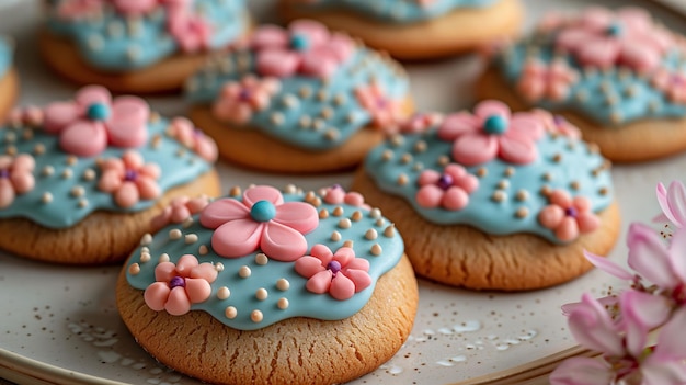 Foto deliziosi biscotti fatti in casa con glassa blu pastello e dettagli decorativi rosa su un piatto con un morbido