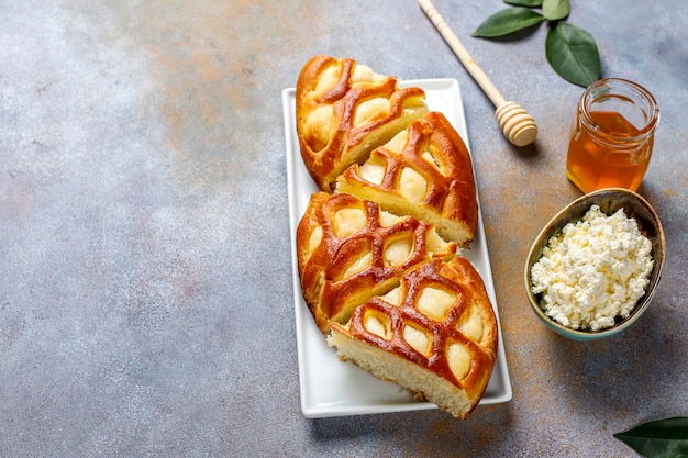 Delicious homemade cottage cheese pie tart with fresh cottage cheese and honey,top view