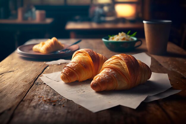 Delicious homemade croissants on rustic wooden kitchen table AI generated