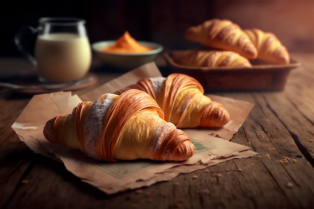 Delicious homemade croissants on rustic wooden kitchen table AI generated