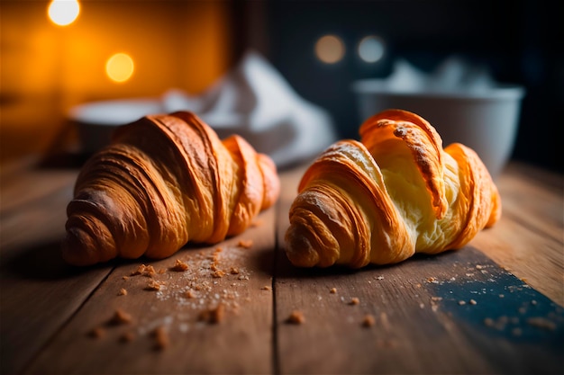 Delicious homemade croissants on rustic wooden kitchen table AI generated