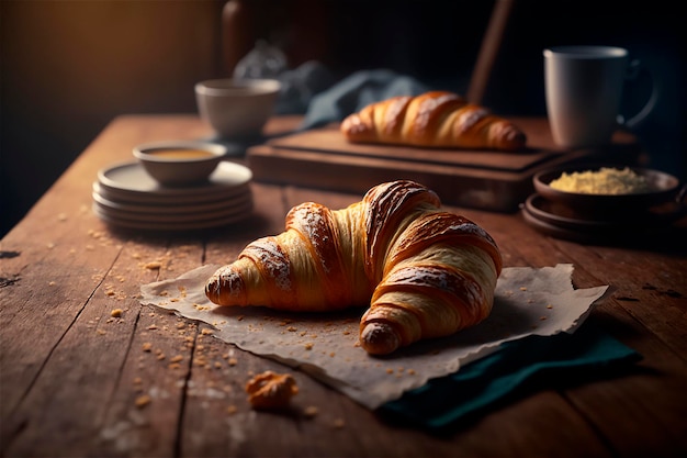 Delicious homemade croissants on rustic wooden kitchen table AI generated