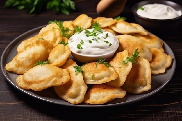 Delicious homemade fried Polish potato pierogi with fried onion top view on a cermaic dark plate