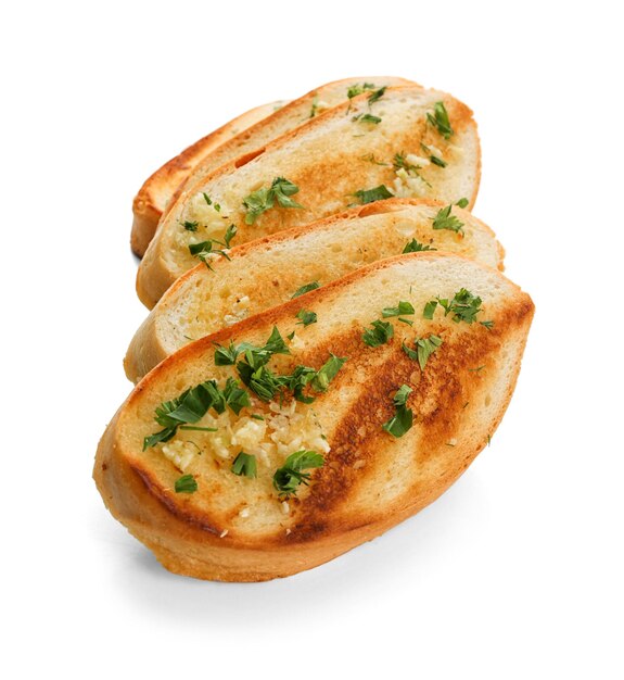 Delicious homemade garlic bread isolated on white